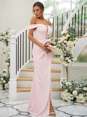 Sheath/Column Stretch Crepe Ruched Off-the-Shoulder Sleeveless Sweep/Brush Train Bridesmaid Dresses - RongMoon