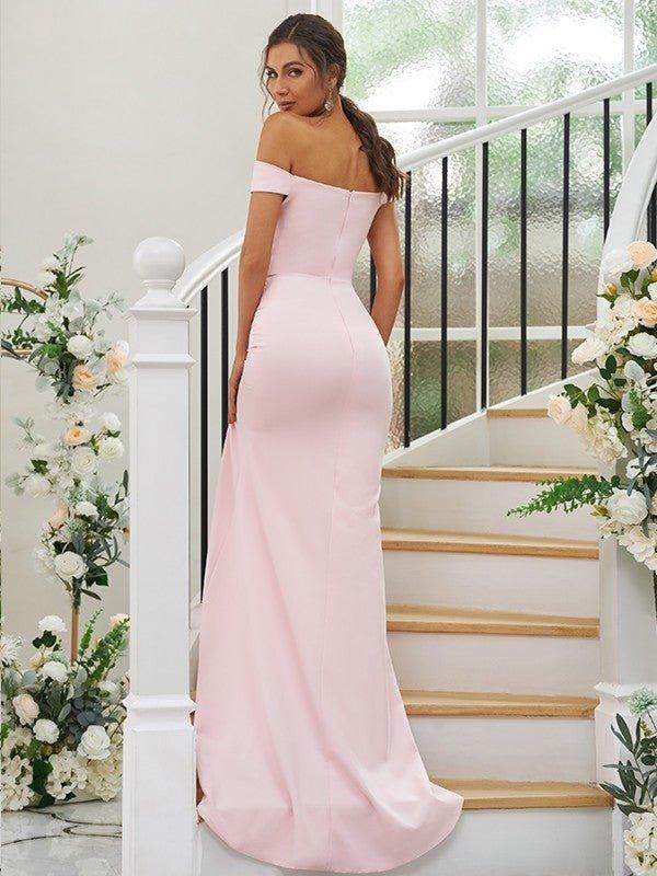 Sheath/Column Stretch Crepe Ruched Off-the-Shoulder Sleeveless Sweep/Brush Train Bridesmaid Dresses - RongMoon