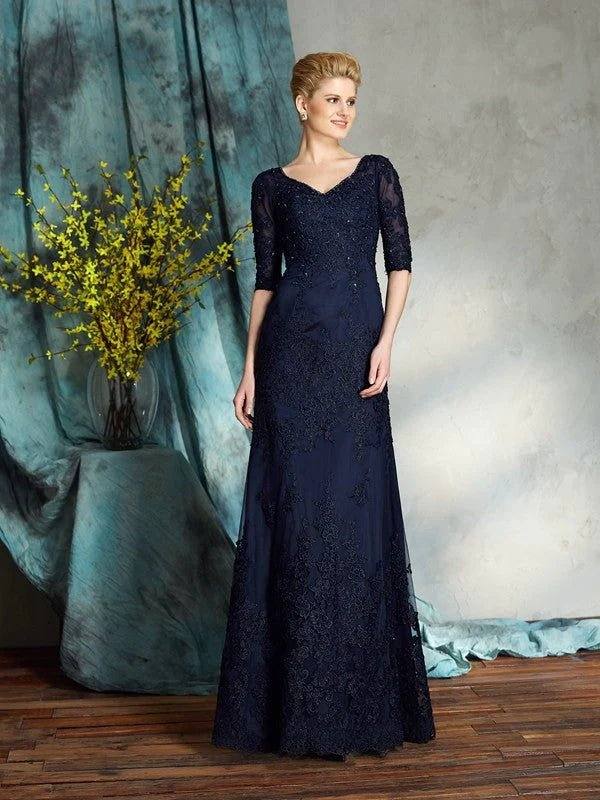 Sheath/Column V-neck Applique 1/2 Sleeves Long Satin Mother of the Bride Dresses - RongMoon