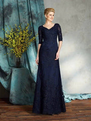 Sheath/Column V-neck Applique 1/2 Sleeves Long Satin Mother of the Bride Dresses - RongMoon