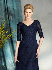 Sheath/Column V-neck Applique 1/2 Sleeves Long Satin Mother of the Bride Dresses - RongMoon