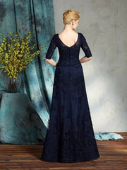 Sheath/Column V-neck Applique 1/2 Sleeves Long Satin Mother of the Bride Dresses - RongMoon