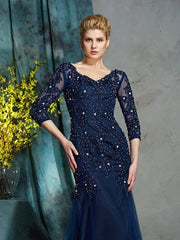 Sheath/Column V-neck Applique 3/4 Sleeves Long Net Mother of the Bride Dresses - RongMoon