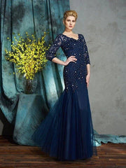 Sheath/Column V-neck Applique 3/4 Sleeves Long Net Mother of the Bride Dresses - RongMoon