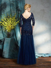 Sheath/Column V-neck Applique 3/4 Sleeves Long Net Mother of the Bride Dresses - RongMoon