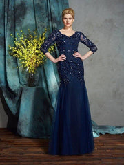 Sheath/Column V-neck Applique 3/4 Sleeves Long Net Mother of the Bride Dresses - RongMoon