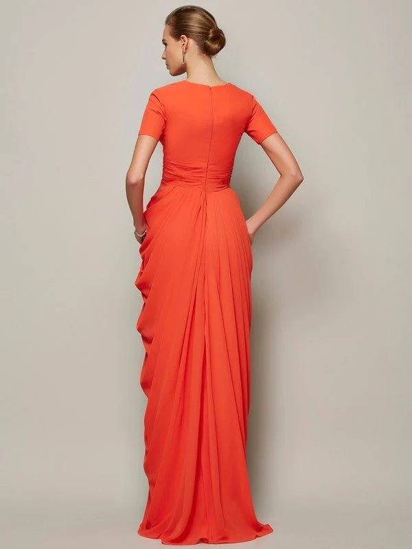 Sheath/Column V-neck Short Sleeves Pleats Long Chiffon Mother of the Bride Dresses - RongMoon