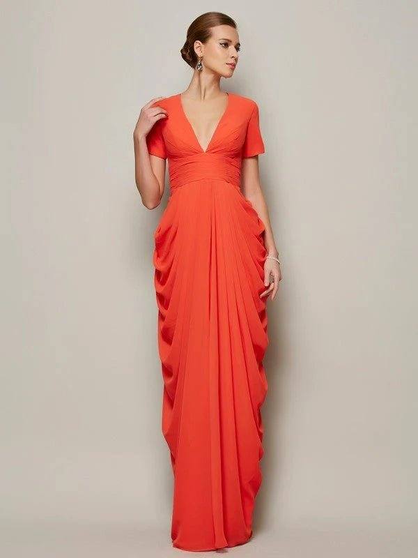 Sheath/Column V-neck Short Sleeves Pleats Long Chiffon Mother of the Bride Dresses - RongMoon