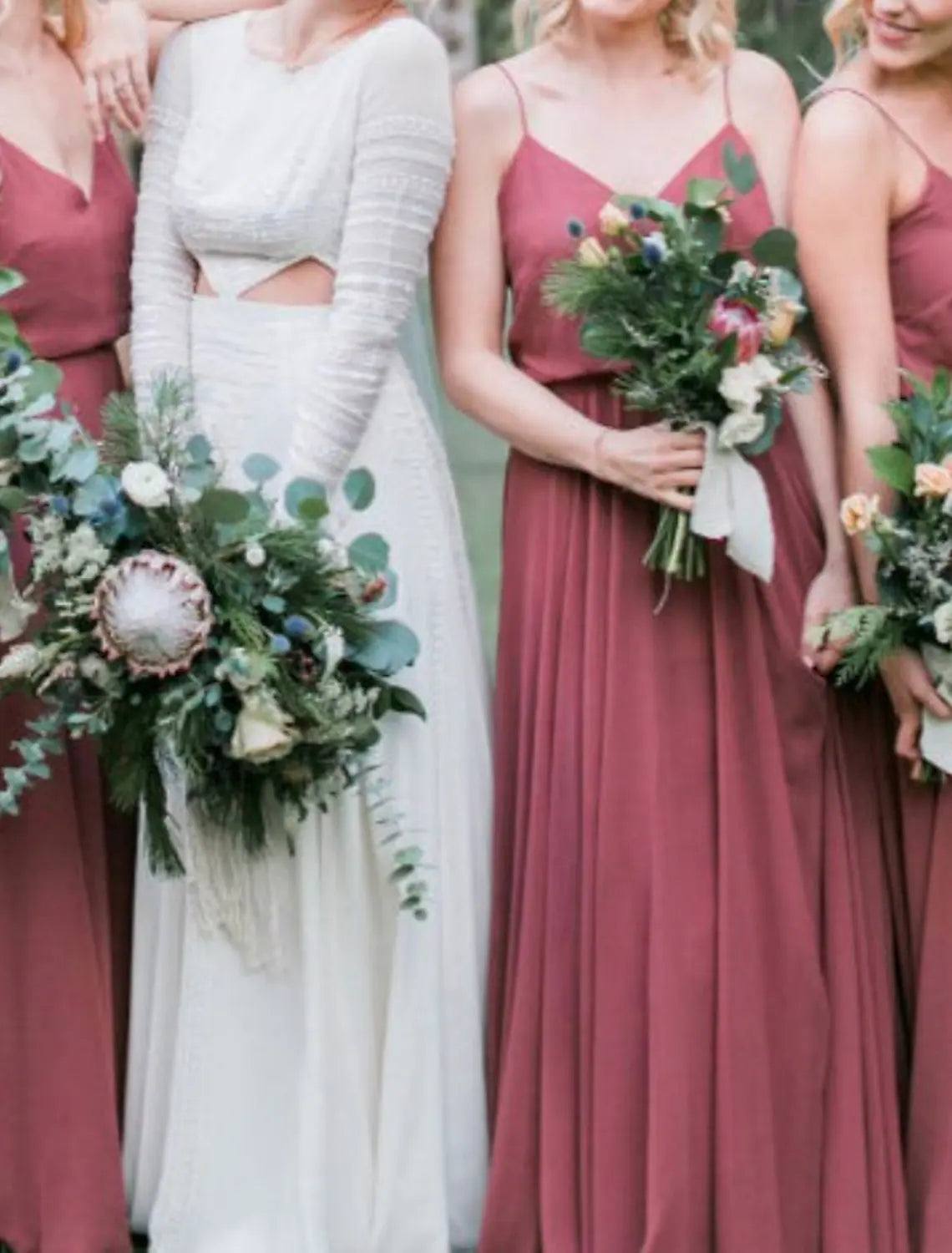Sheath / Column Bridesmaid Dress V Neck / Spaghetti Strap Sleeveless Elegant Floor Length Chiffon with Pleats / Solid Color - RongMoon