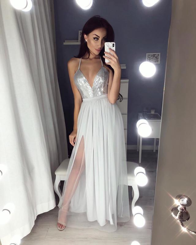 Sequins V-neck Open Back Tulle Floor Length Prom Dresses
