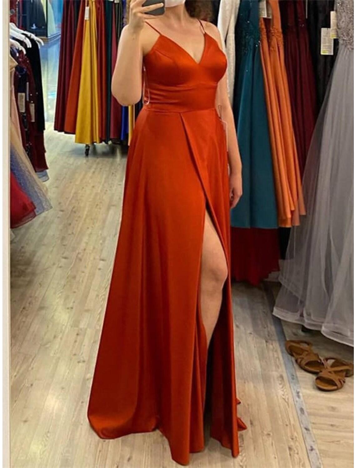 A-Line Bridesmaid Dress V Neck / Spaghetti Strap Sleeveless Elegant Floor Length Satin with Split Front / Solid Color - RongMoon