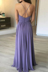 Simple A Line V Neck Backless Long Lavender Prom Dress, Backless Lavender Bridesmaid Dress, V Neck Backless Lavender Formal Graduation Evening Dress - RongMoon