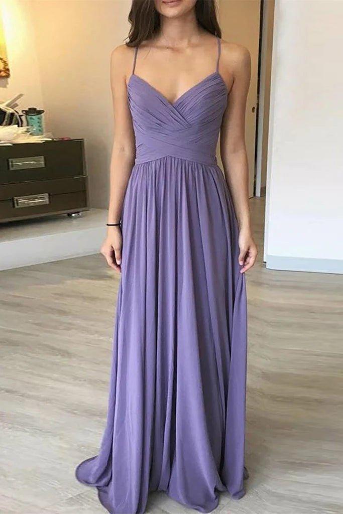 Simple A Line V Neck Backless Long Lavender Prom Dress, Backless Lavender Bridesmaid Dress, V Neck Backless Lavender Formal Graduation Evening Dress - RongMoon