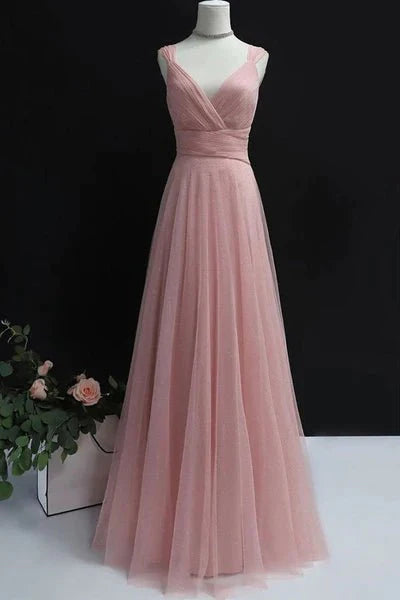 Simple A Line V Neck Pink Tulle Long Prom Dress Bridesmaid Dress, V Neck Pink Formal Dress, Pink Evening Dress - RongMoon