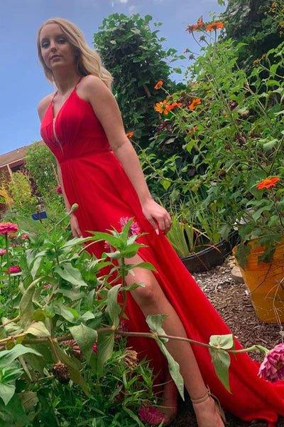 Simple A Line V Neck Red Long Prom Dress with Slit, V Neck Red Long Formal Graduation Evening Dress, Red Bridesmaid Dress - RongMoon