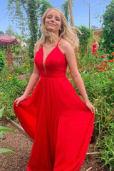 Simple A Line V Neck Red Long Prom Dress with Slit, V Neck Red Long Formal Graduation Evening Dress, Red Bridesmaid Dress - RongMoon