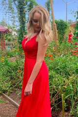 Simple A Line V Neck Red Long Prom Dress with Slit, V Neck Red Long Formal Graduation Evening Dress, Red Bridesmaid Dress - RongMoon