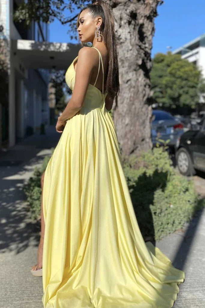 Simple V Neck Backless Yellow Satin Long Prom Dress with Slit, V Neck Yellow Formal Dress, Yellow Evening Dress - RongMoon