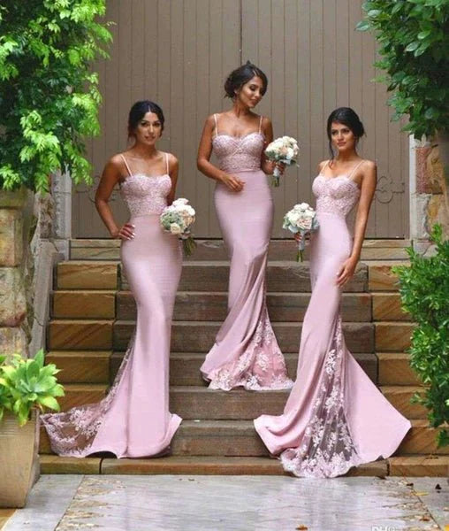 Spaghetti Straps Mermaid Pink Lace Prom Dresses, Lace Formal Dresses, Pink Bridesmaid Dresses - RongMoon