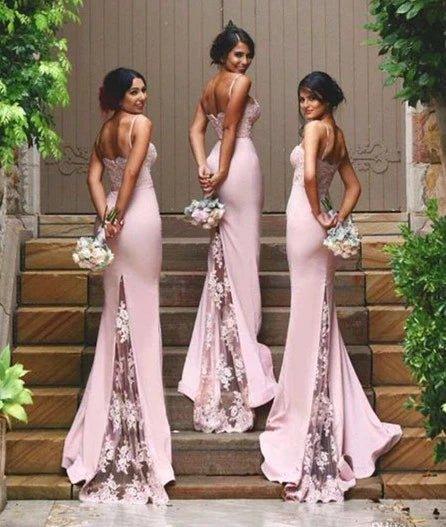 Spaghetti Straps Mermaid Pink Lace Prom Dresses, Lace Formal Dresses, Pink Bridesmaid Dresses - RongMoon