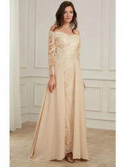 A-Line Evening Gown Elegant Dress Wedding Guest Floor Length Long Sleeve Off Shoulder Polyester with Overskirt Appliques