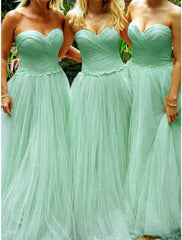 A-Line Bridesmaid Dress Sweetheart Neckline Sleeveless Elegant Floor Length Tulle with Pleats / Solid Color - RongMoon