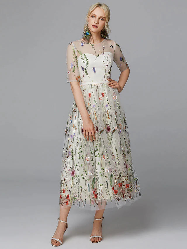 A-Line White Dress Holiday Tea Length Half Sleeve Illusion Neck Lace with Embroidery Appliques