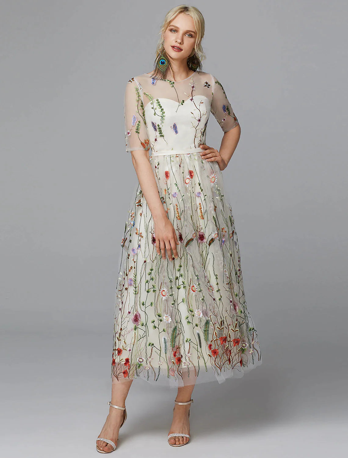 A-Line Floral Dress Holiday Wedding Guest Tea Length Half Sleeve Illusion Neck Lace with Embroidery Appliques
