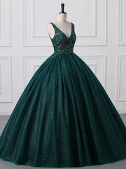 Ball Gown Prom Dresses Sparkle & Shine Dress Quinceanera Floor Length Sleeveless V Neck Tulle with Sequin Appliques