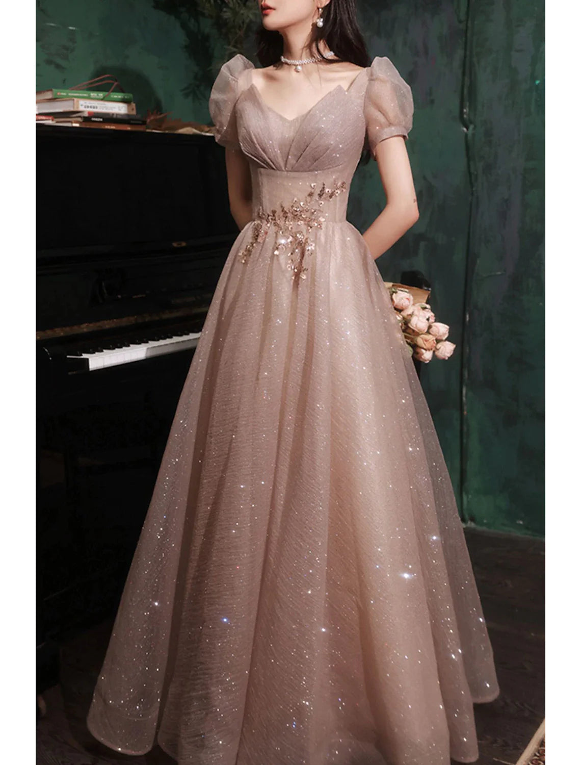 A-Line Prom Dresses Sparkle & Shine Dress Prom Valentine's Day Floor Length Short Sleeve V Neck Tulle with Sequin