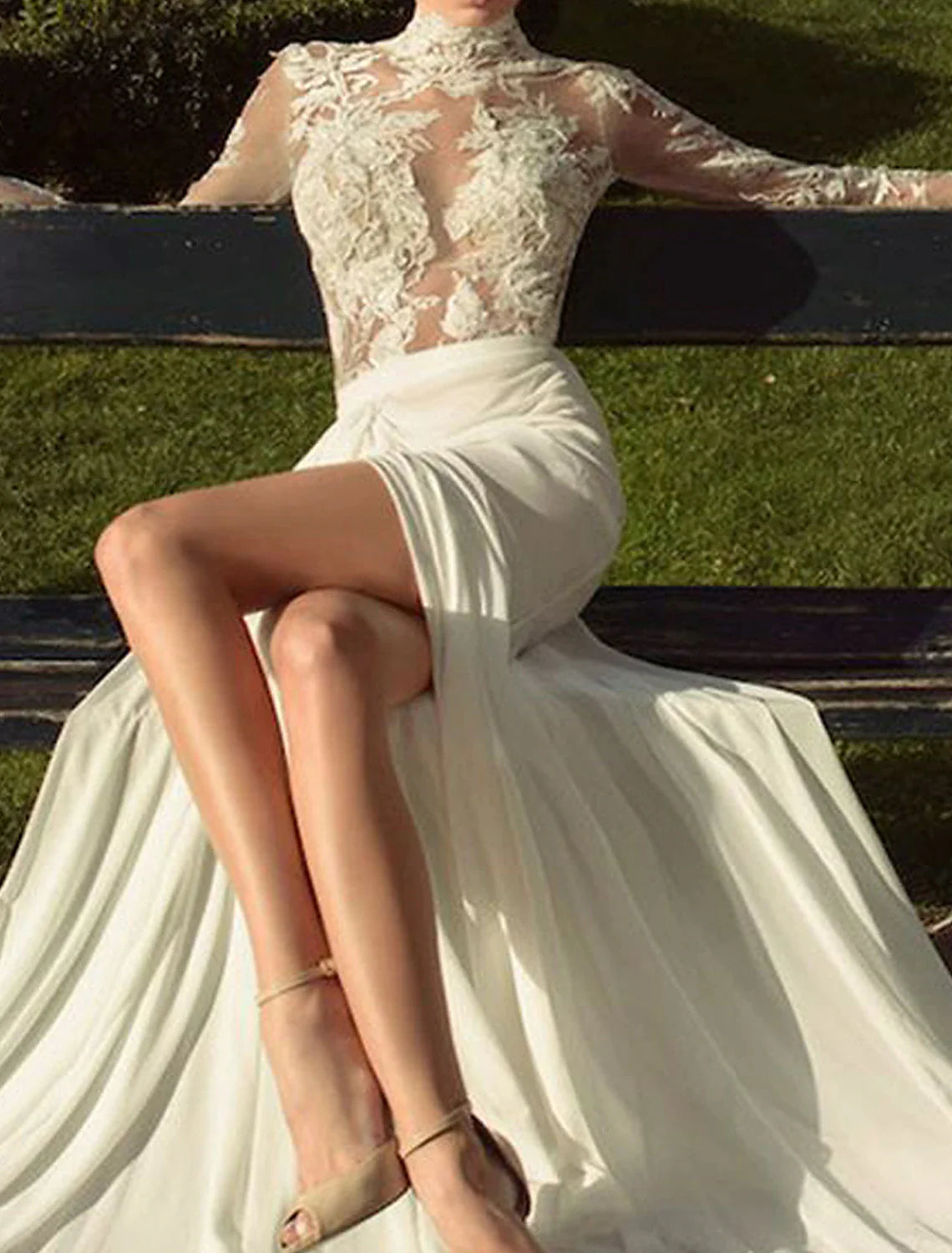 Beach Wedding Dresses Court Train A-Line Long Sleeve High Neck Chiffon With