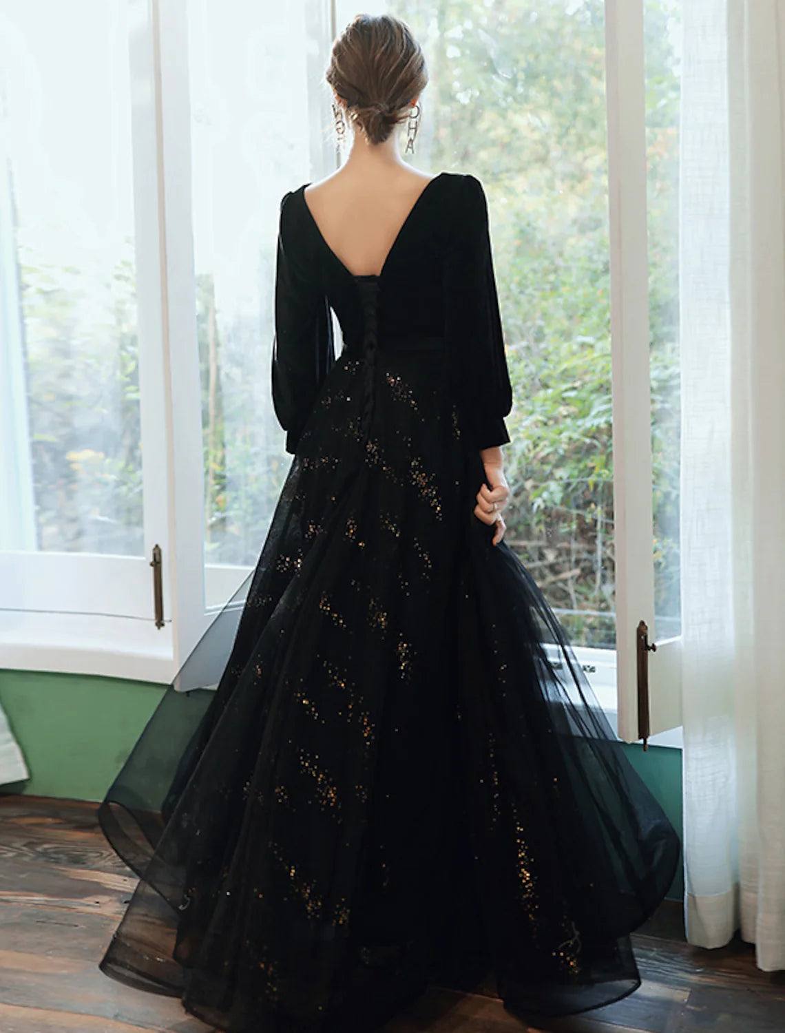 A-Line Bridesmaid Dress Jewel Neck Long Sleeve Elegant Floor Length Tulle / Velvet with Sequin / Bandage - RongMoon