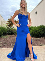 High Side Slit Simple Long Prom Dresses, Royal Blue 2023 Prom Dresses, Graduation Party Girl Dresses - RongMoon
