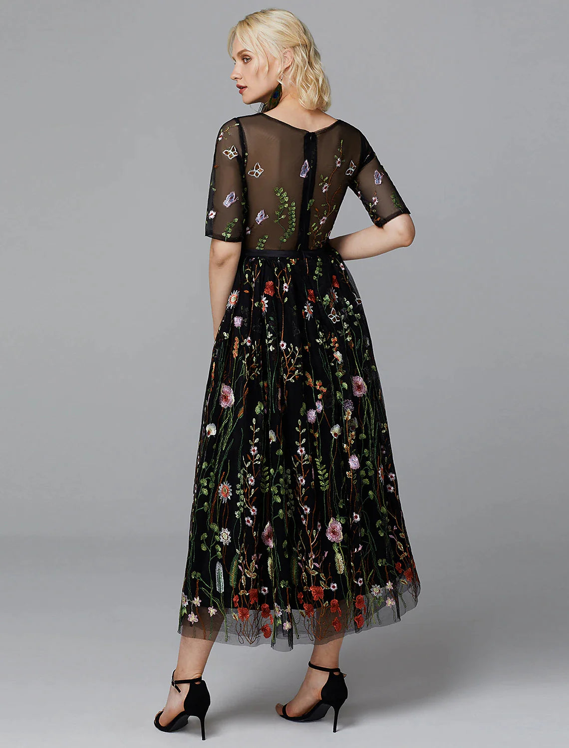A-Line Floral Dress Holiday Tea Length Half Sleeve Illusion Neck Lace with Embroidery Appliques