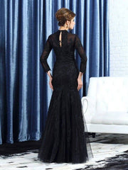 Trumpet/Mermaid High Neck Applique Long Sleeves Long Tulle Mother of the Bride Dresses - RongMoon