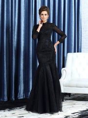 Trumpet/Mermaid High Neck Applique Long Sleeves Long Tulle Mother of the Bride Dresses - RongMoon