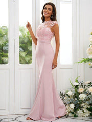 Trumpet/Mermaid Stretch Crepe Applique High Neck Sleeveless Floor-Length Bridesmaid Dresses - RongMoon