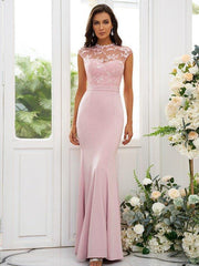 Trumpet/Mermaid Stretch Crepe Applique High Neck Sleeveless Floor-Length Bridesmaid Dresses - RongMoon