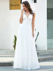 Beach Wedding Dresses Floor Length A-Line Short Sleeve V Neck Lace With Lace