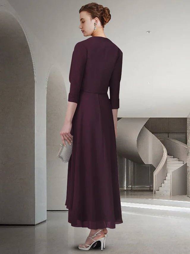 Two Piece A-Line Mother of the Bride Dress Elegant Jewel Neck Ankle Length Chiffon Lace Half Sleeve with Pleats Crystal Brooch - RongMoon
