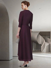 Two Piece A-Line Mother of the Bride Dress Elegant Jewel Neck Ankle Length Chiffon Lace Half Sleeve with Pleats Crystal Brooch - RongMoon