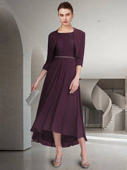Two Piece A-Line Mother of the Bride Dress Elegant Jewel Neck Ankle Length Chiffon Lace Half Sleeve with Pleats Crystal Brooch - RongMoon