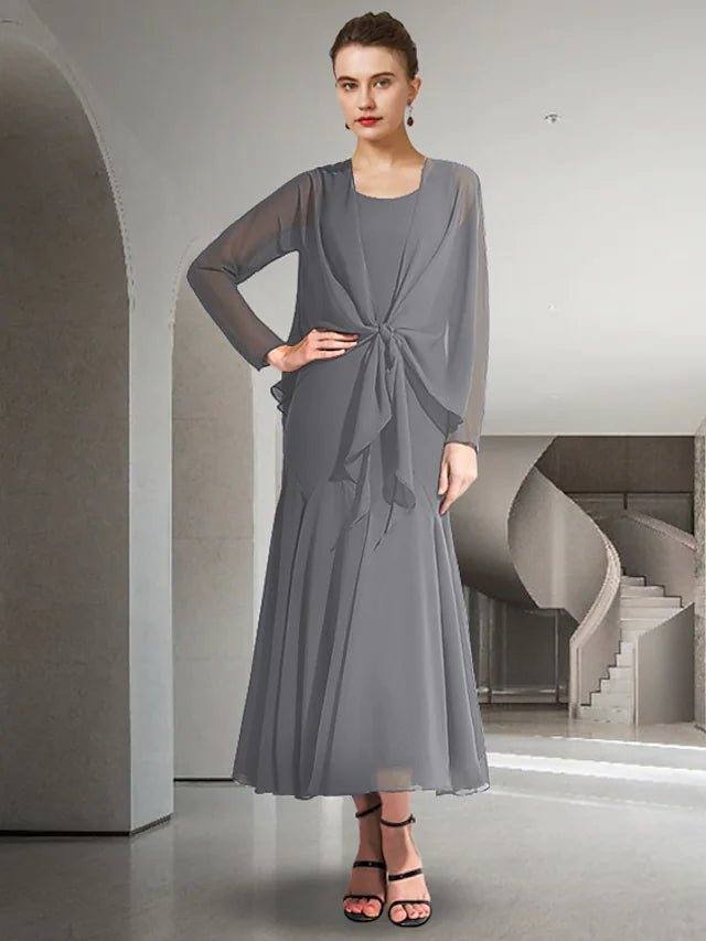 Two Piece A-Line Mother of the Bride Dress Elegant Jewel Neck Ankle Length Chiffon Sleeveless with Solid Color - RongMoon