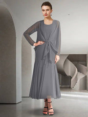 Two Piece A-Line Mother of the Bride Dress Elegant Jewel Neck Ankle Length Chiffon Sleeveless with Solid Color - RongMoon