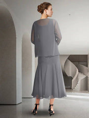 Two Piece A-Line Mother of the Bride Dress Elegant Jewel Neck Ankle Length Chiffon Sleeveless with Solid Color - RongMoon