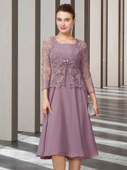 Two Piece A-Line Mother of the Bride Dress Elegant Jewel Neck Knee Length Chiffon Lace Sleeveless with Solid Color - RongMoon