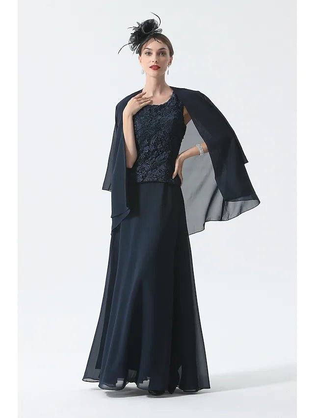 Two Piece A-Line Mother of the Bride Dress Elegant Square Neck Floor Length Chiffon 3/4 Length Sleeve with Embroidery - RongMoon