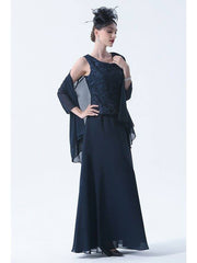 Two Piece A-Line Mother of the Bride Dress Elegant Square Neck Floor Length Chiffon 3/4 Length Sleeve with Embroidery - RongMoon