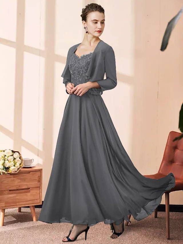 Two Piece A-Line Mother of the Bride Dress Elegant V Neck Ankle Length Chiffon Lace Sleeveless with Pleats Appliques - RongMoon