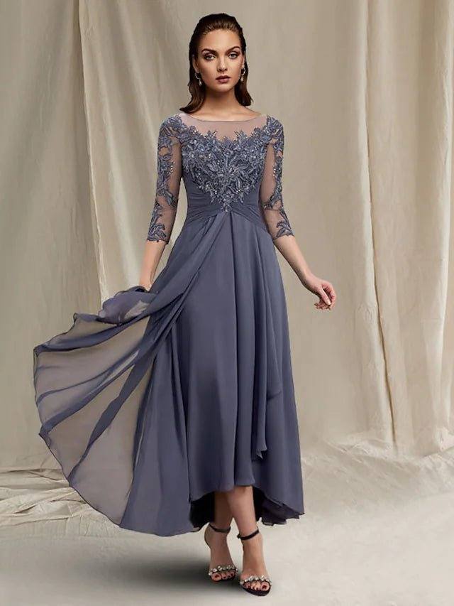 Two Piece A-Line Mother of the Bride Dress Elegant Wrap Included Jewel Neck Asymmetrical Tea Length Chiffon Lace 3/4 Length Sleeve with Sequin Appliques - RongMoon